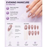 Mauve Taupe Medium‑Long Almond Press‑On Nails, Luxury False Nails With Pink Rhinestones Pearls & Silver Foil